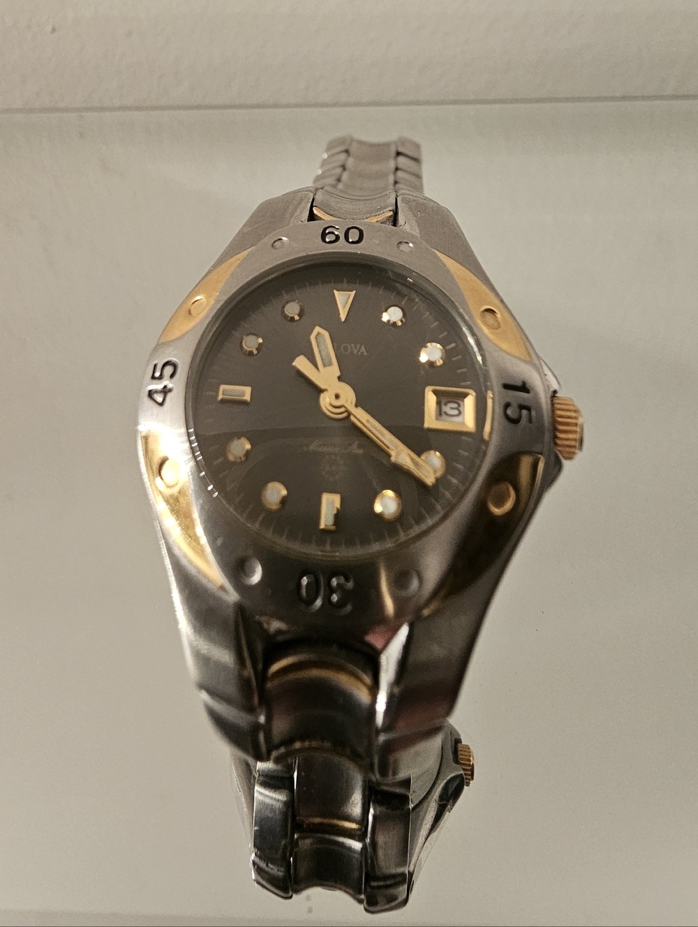 Vintage Bulova Marine Star Two-Tone Silver and Gold Women's Watch W Black Dial